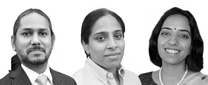 Siddhartha George (L), Dharani Polavaram (C), Harini Sudersan (R) of Poovayya and Co.